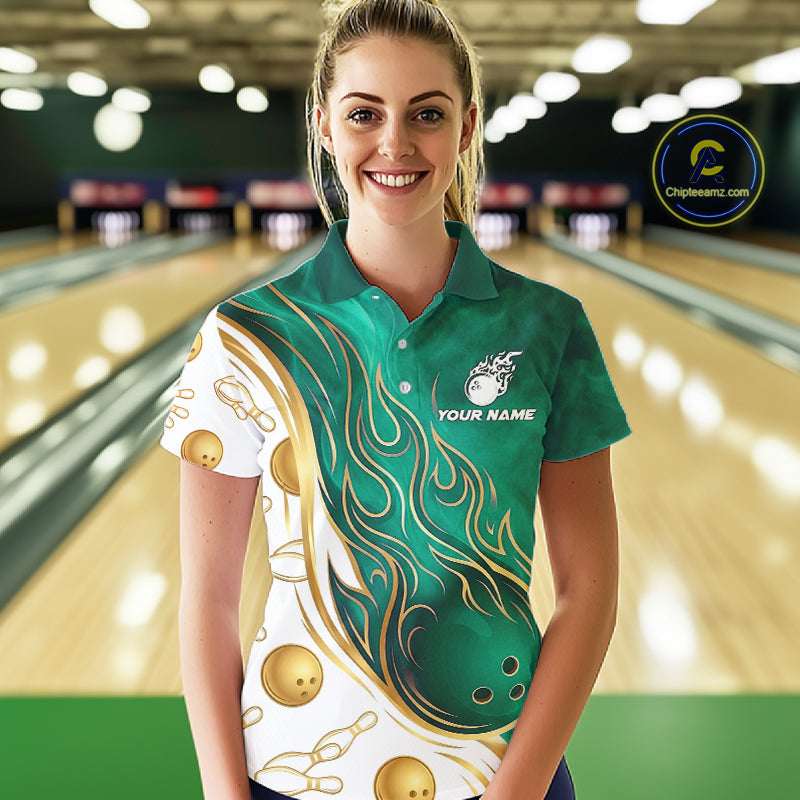 Custom Gold And Teal Flames Bowling Team Jerseys, Bowling League Polo & 1/4-Zip Shirt For Women NYN4211