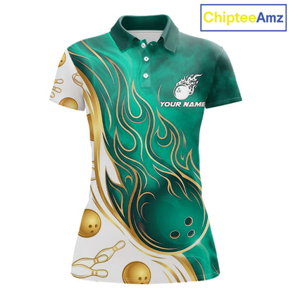 Custom Gold And Teal Flames Bowling Team Jerseys, Bowling League Polo & 1/4-Zip Shirt For Women NYN4211