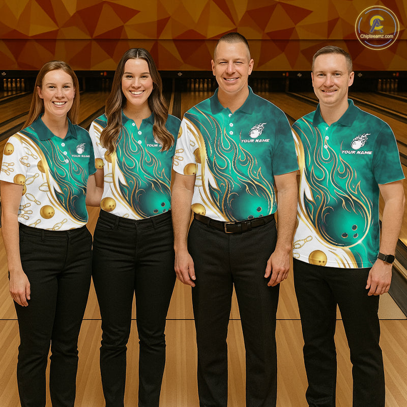 Custom Gold And Teal Flames Bowling Team Jerseys, Bowling League Polo & 1/4-Zip Shirt For Men NYN4211
