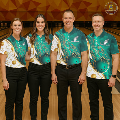 Custom Gold And Teal Flames Bowling Team Jerseys, Bowling League Polo & 1/4-Zip Shirt For Men NYN4211
