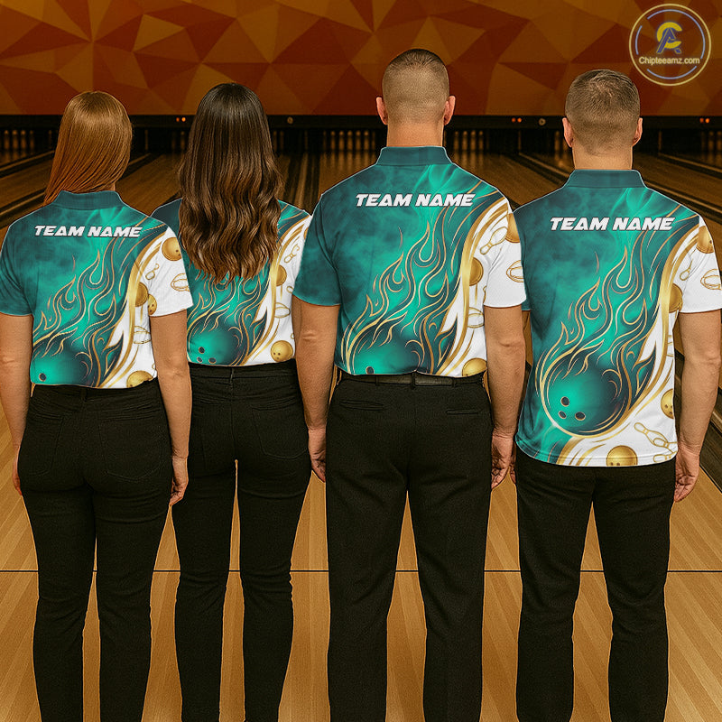 Custom Gold And Teal Flames Bowling Team Jerseys, Bowling League Polo & 1/4-Zip Shirt For Men NYN4211