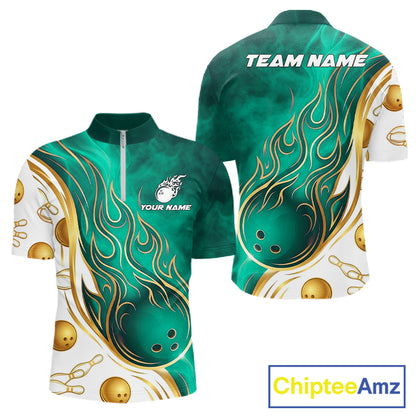 Custom Gold And Teal Flames Bowling Team Jerseys, Bowling League Polo & 1/4-Zip Shirt For Men NYN4211