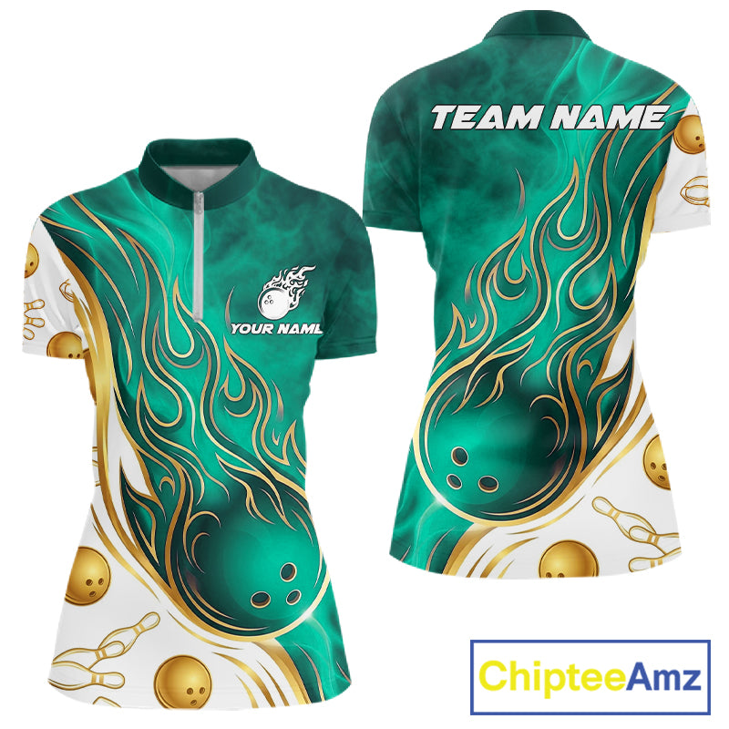 Custom Gold And Teal Flames Bowling Team Jerseys, Bowling League Polo & 1/4-Zip Shirt For Women NYN4211