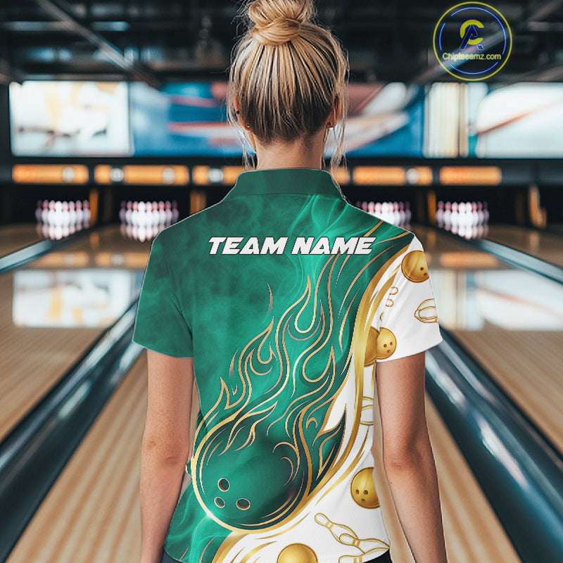 Custom Gold And Teal Flames Bowling Team Jerseys, Bowling League Polo & 1/4-Zip Shirt For Women NYN4211
