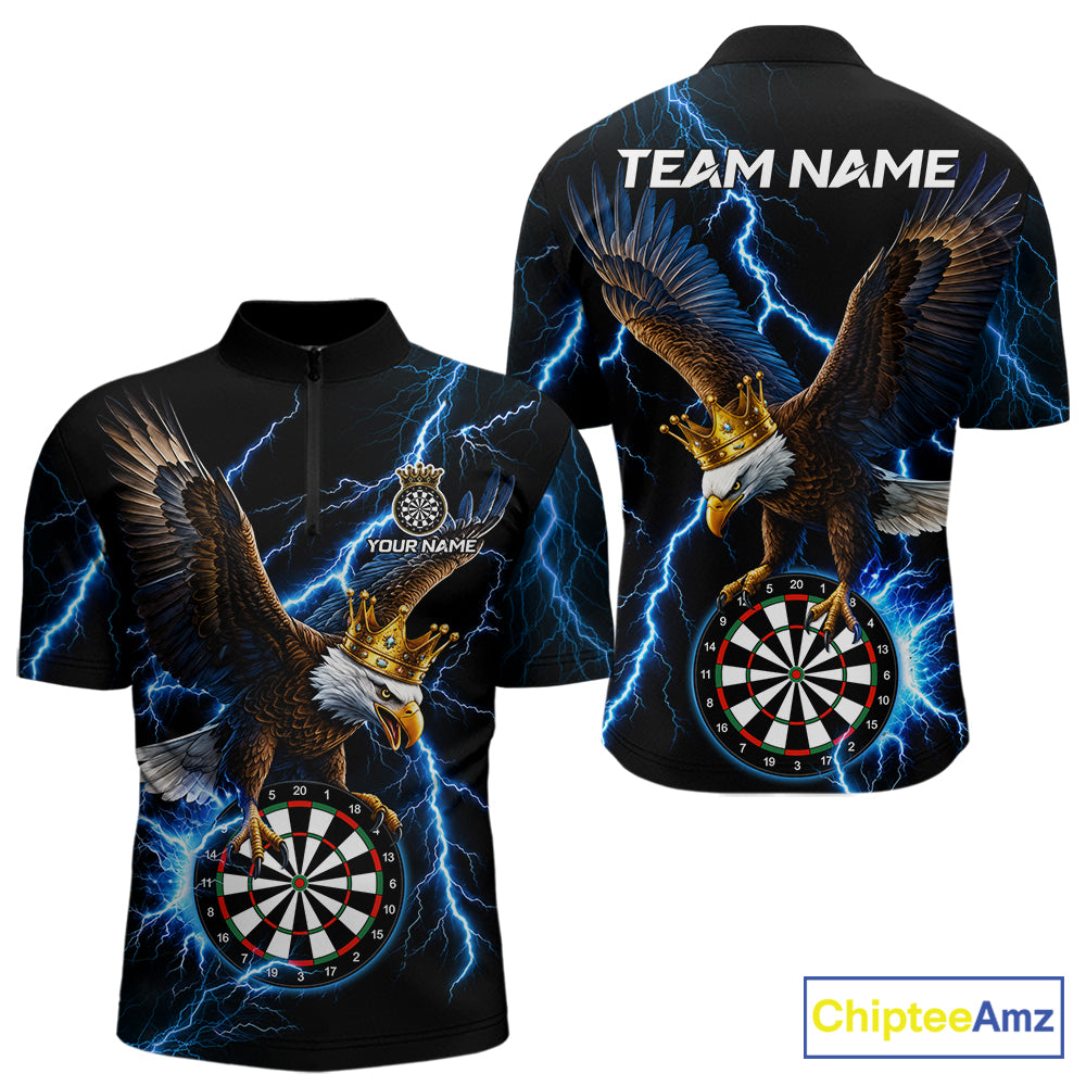 Thunder Gold Crown Eagle Darts Polo Quarter-Zip Shirt For Men Custom Blue Lightning Darts Team Jersey NYN4218