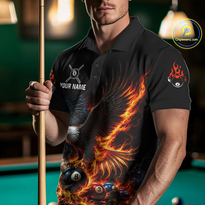 8-Ball & 9-Ball Flame Pool Billiard Polo & 1/4-Zip Shirt For Men Custom Eagle Billiard Team Attire NYN4625