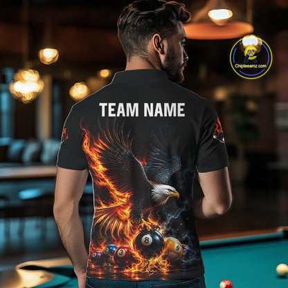 8-Ball & 9-Ball Flame Pool Billiard Polo & 1/4-Zip Shirt For Men Custom Eagle Billiard Team Attire NYN4625