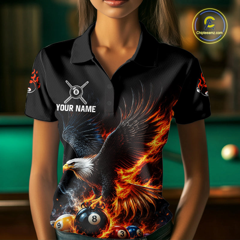 8-Ball & 9-Ball Flame Pool Billiard Polo & 1/4-Zip Shirt For Women Custom Eagle Billiard Team Attire NYN4625