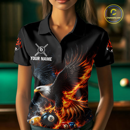 8-Ball & 9-Ball Flame Pool Billiard Polo & 1/4-Zip Shirt For Women Custom Eagle Billiard Team Attire NYN4625