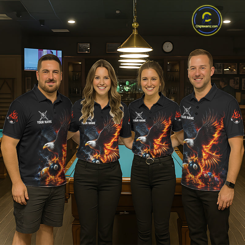 8-Ball & 9-Ball Flame Pool Billiard Polo & 1/4-Zip Shirt For Men Custom Eagle Billiard Team Attire NYN4625