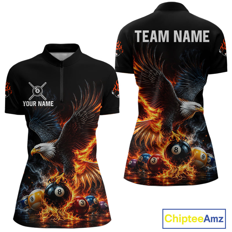 8-Ball & 9-Ball Flame Pool Billiard Polo & 1/4-Zip Shirt For Women Custom Eagle Billiard Team Attire NYN4625