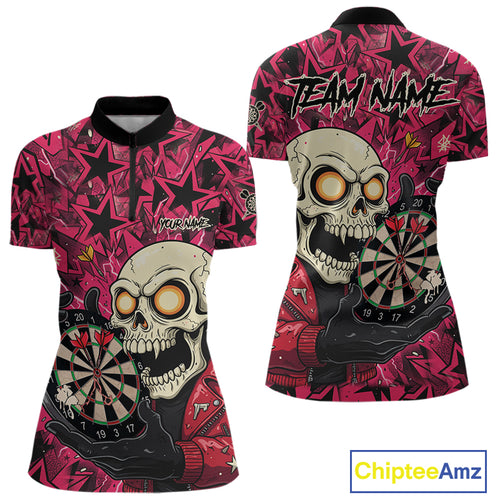 Pink Star Funny Skeleton Dartboard Custom Women Quarter-Zip Dart Shirt Funny Dart Jerseys NYN1759