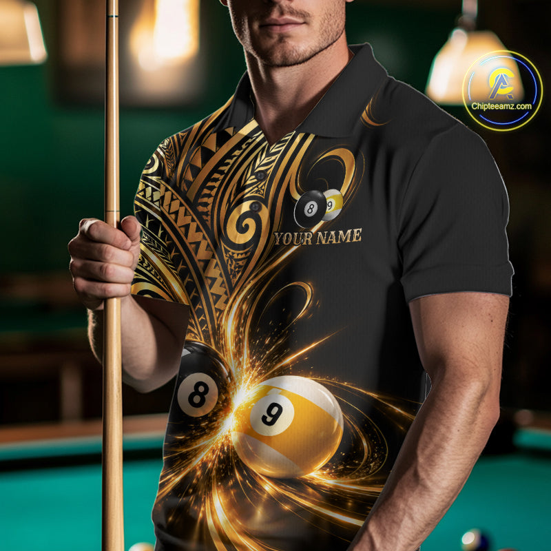 Custom Gold Polynesian Tribal Pool Polo 1/4-Zip Shirt For Men 8 Ball 9 Ball Light Billiard Team Jersey NYN4983