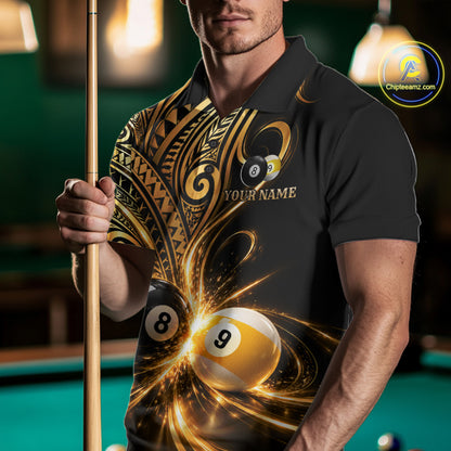 Custom Gold Polynesian Tribal Pool Polo 1/4-Zip Shirt For Men 8 Ball 9 Ball Light Billiard Team Jersey NYN4983
