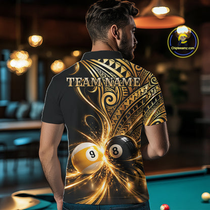 Custom Gold Polynesian Tribal Pool Polo 1/4-Zip Shirt For Men 8 Ball 9 Ball Light Billiard Team Jersey NYN4983