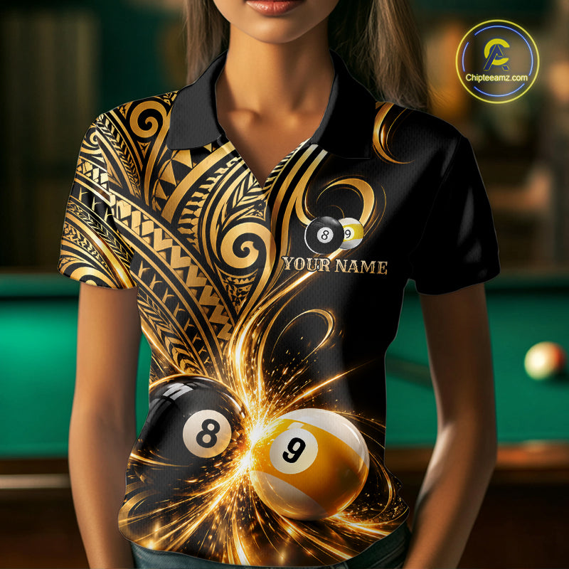 Custom Gold Polynesian Tribal Pool Polo 1/4-Zip Shirt For Women 8 Ball 9 Ball Light Billiard Team Jersey NYN4983