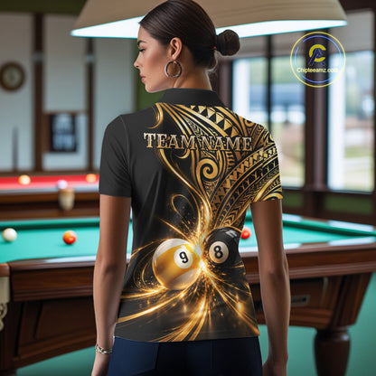 Custom Gold Polynesian Tribal Pool Polo 1/4-Zip Shirt For Women 8 Ball 9 Ball Light Billiard Team Jersey NYN4983