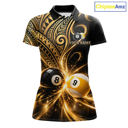 Custom Gold Polynesian Tribal Pool Polo 1/4-Zip Shirt For Women 8 Ball 9 Ball Light Billiard Team Jersey NYN4983