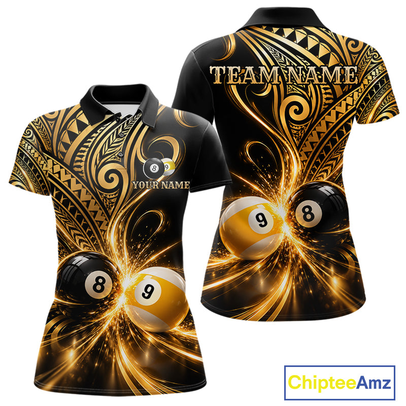 Custom Gold Polynesian Tribal Pool Polo 1/4-Zip Shirt For Women 8 Ball 9 Ball Light Billiard Team Jersey NYN4983