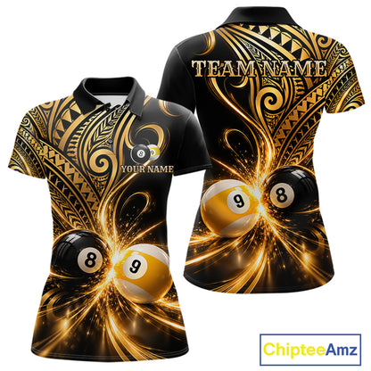 Custom Gold Polynesian Tribal Pool Polo 1/4-Zip Shirt For Women 8 Ball 9 Ball Light Billiard Team Jersey NYN4983