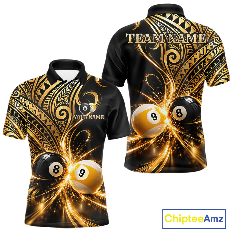Custom Gold Polynesian Tribal Pool Polo 1/4-Zip Shirt For Men 8 Ball 9 Ball Light Billiard Team Jersey NYN4983