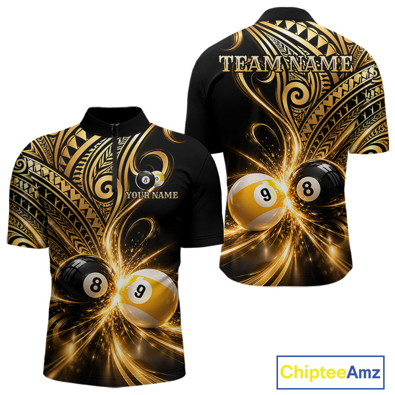 Custom Gold Polynesian Tribal Pool Polo 1/4-Zip Shirt For Men 8 Ball 9 Ball Light Billiard Team Jersey NYN4983