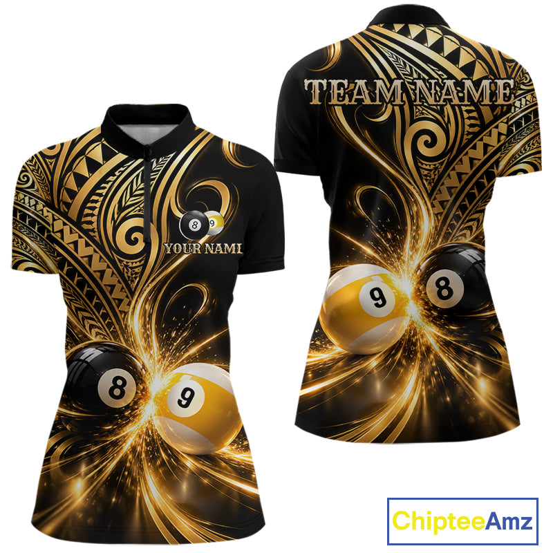 Custom Gold Polynesian Tribal Pool Polo 1/4-Zip Shirt For Women 8 Ball 9 Ball Light Billiard Team Jersey NYN4983