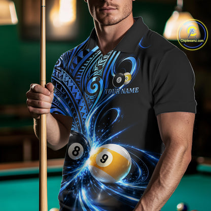 Custom Blue Polynesian Tribal Pool Polo 1/4-Zip Shirt For Men 8 Ball 9 Ball Light Billiard Team Jersey NYN4984