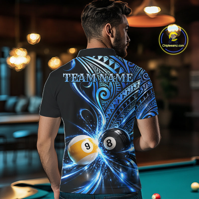 Custom Blue Polynesian Tribal Pool Polo 1/4-Zip Shirt For Men 8 Ball 9 Ball Light Billiard Team Jersey NYN4984