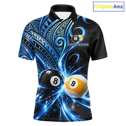 Custom Blue Polynesian Tribal Pool Polo 1/4-Zip Shirt For Men 8 Ball 9 Ball Light Billiard Team Jersey NYN4984