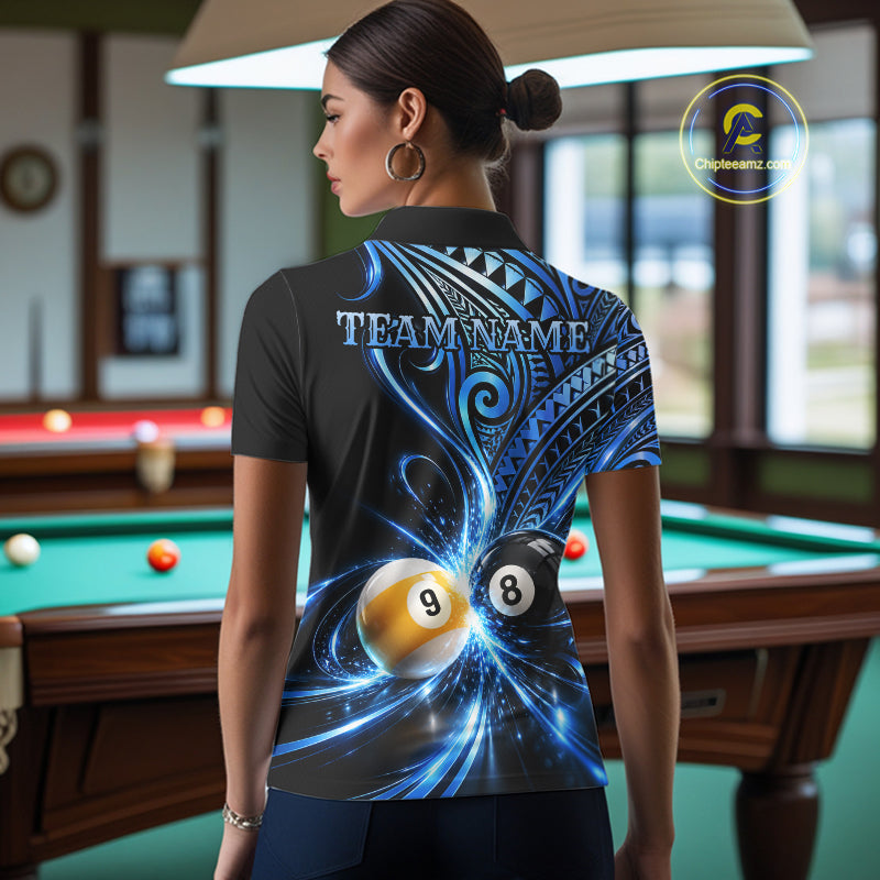 Custom Blue Polynesian Tribal Pool Polo 1/4-Zip Shirt For Women 8 Ball 9 Ball Light Billiard Team Jersey NYN4984