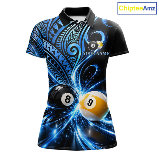 Custom Blue Polynesian Tribal Pool Polo 1/4-Zip Shirt For Women 8 Ball 9 Ball Light Billiard Team Jersey NYN4984