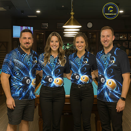 Custom Blue Polynesian Tribal Pool Polo 1/4-Zip Shirt For Men 8 Ball 9 Ball Light Billiard Team Jersey NYN4984