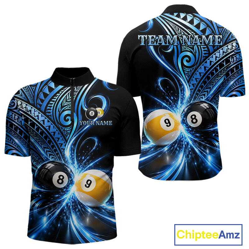 Custom Blue Polynesian Tribal Pool Polo 1/4-Zip Shirt For Men 8 Ball 9 Ball Light Billiard Team Jersey NYN4984