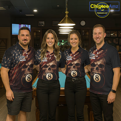 Grunge Vintage US Flag Skull Pool 8 Ball Men Billiard Shirt Custom Retro Billiard Team Attire NYN2563