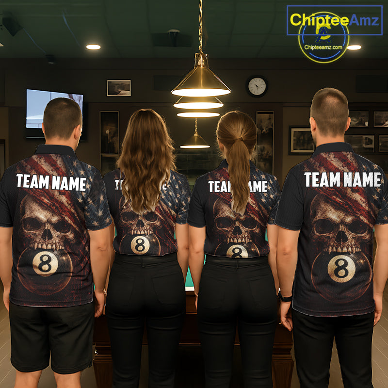 Grunge Vintage US Flag Skull Pool 8 Ball Men Billiard Shirt Custom Retro Billiard Team Attire NYN2563