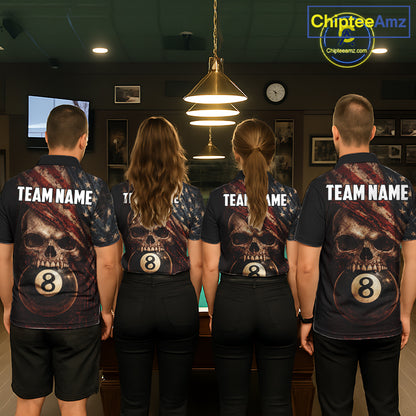 Grunge Vintage US Flag Skull Pool 8 Ball Men Billiard Shirt Custom Retro Billiard Team Attire NYN2563