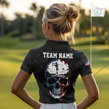 Load image into Gallery viewer, Womens US Flag Golf Polo Shirts Custom Black Golf Ball Pattern American Skull Golf Team Outfits NYN3327