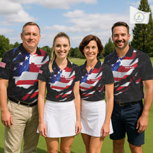 Load image into Gallery viewer, Mens US Flag Golf Polo Shirts Custom Black Golf Ball Pattern American Skull Golf Team Outfits NYN3327