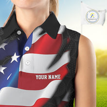 Load image into Gallery viewer, Womens US Flag Golf Polo Shirts Custom Black Golf Ball Pattern American Skull Golf Team Outfits NYN3327