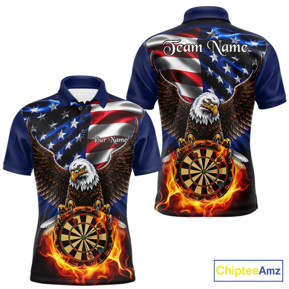 Custom Fire Flame Eagle Men's Dart Polo Shirt, USA Flag Dart League Jersey, Patriotic Athletic Apparel