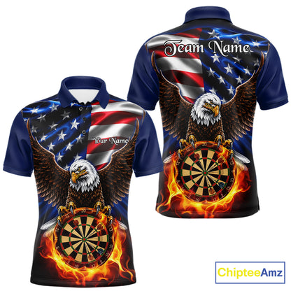 Custom Fire Flame Eagle Men's Dart Polo Shirt, USA Flag Dart League Jersey, Patriotic Athletic Apparel