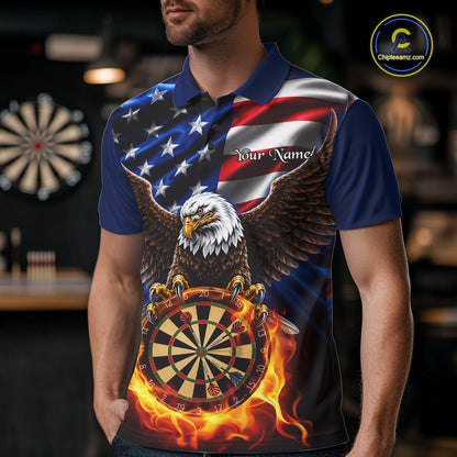 Male model wearing Fire Flame Eagle dart polo during tournament, patriotic dart jersey, competitive athlete