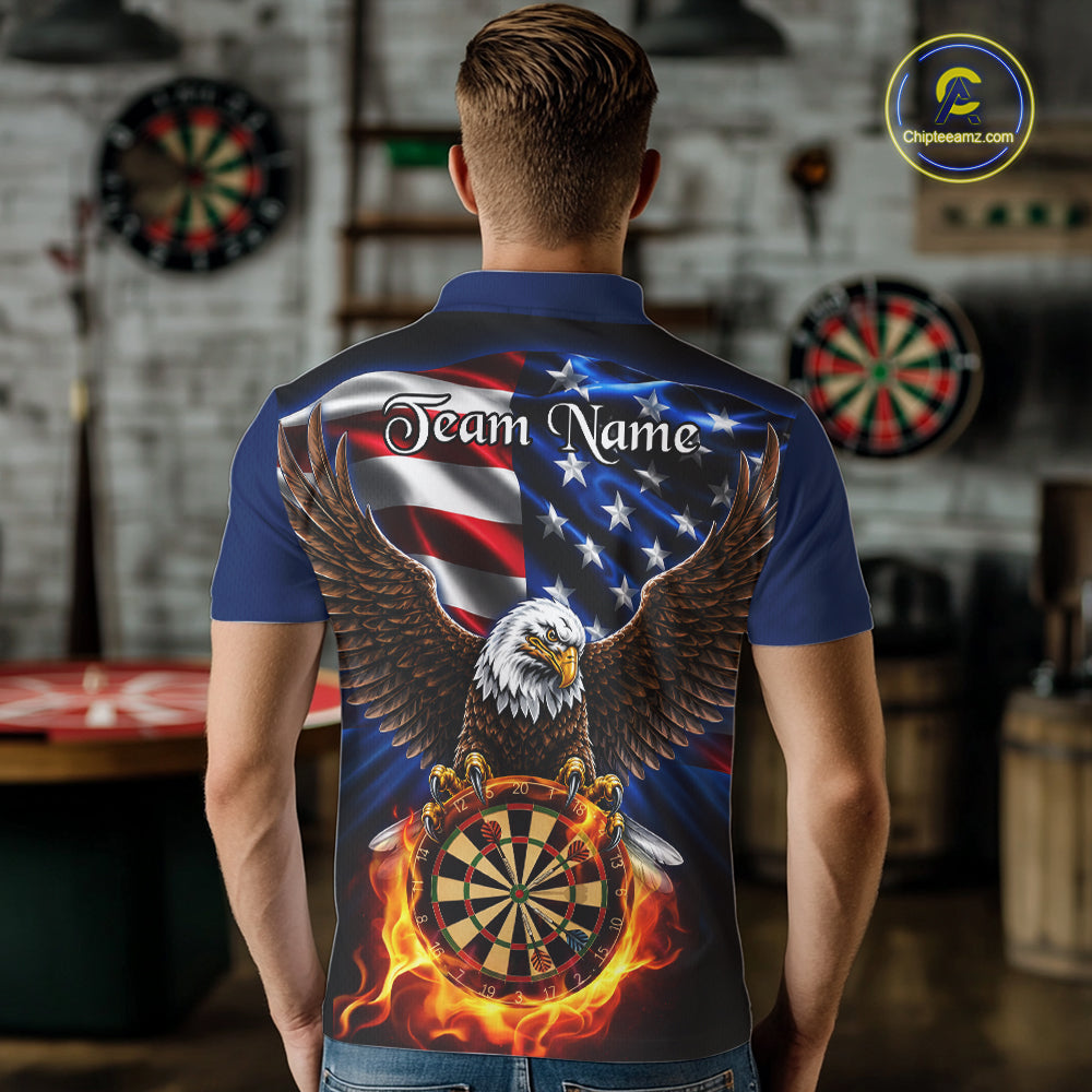 Male model wearing Fire Flame Eagle dart polo during tournament, patriotic dart jersey, competitive athlete