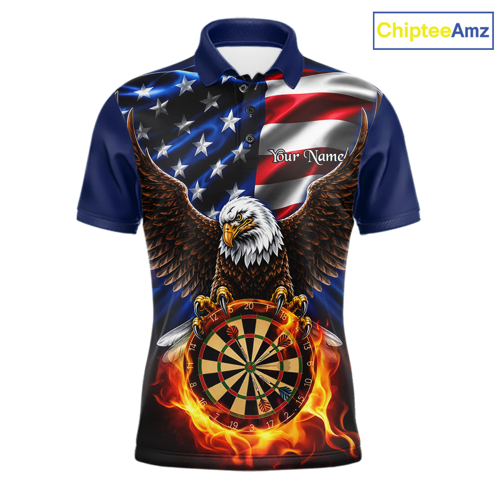 Custom Fire Flame Eagle Men's Dart Polo Shirt, USA Flag Dart League Jersey, Patriotic Athletic Apparel