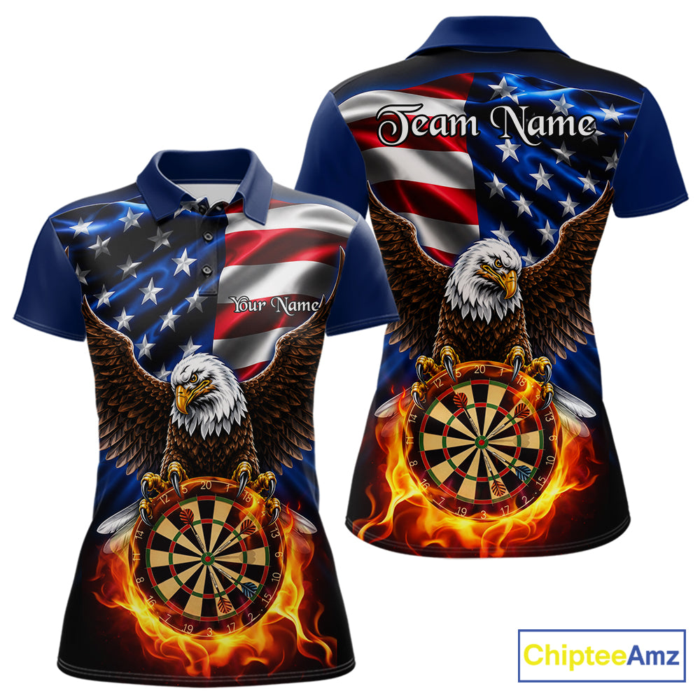 Custom Fire Flame Eagle Women's Dart Polo Shirt, American Flag Patriot Dart Team Jersey, Personalized Eagle Tournament Apparel, Freedom, Victory, Leadership