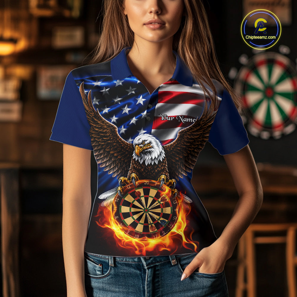 Female model wearing Fire Flame Eagle dart polo, patriotic sports apparel, confidence, leadership, American pride