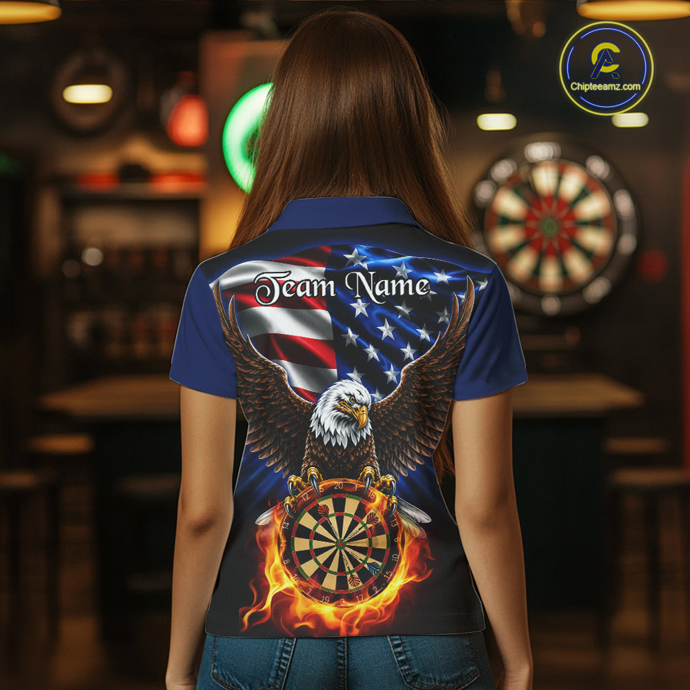 Female model wearing Fire Flame Eagle dart polo, patriotic sports apparel, confidence, leadership, American pride