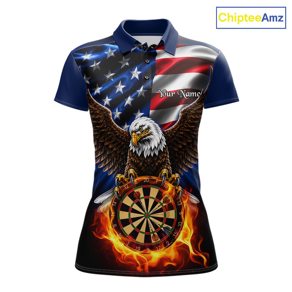 Custom Fire Flame Eagle Women's Dart Polo Shirt, American Flag Patriot Dart Team Jersey, Personalized Eagle Tournament Apparel, Freedom, Victory, Leadership