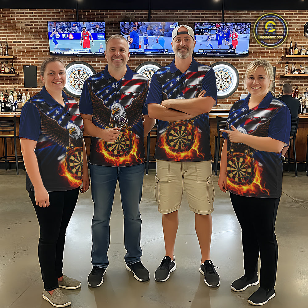 Dart team wearing matching Fire Flame Eagle jerseys, USA Flag uniforms, patriotic sports club, veterans support, teamwork, championship spirit